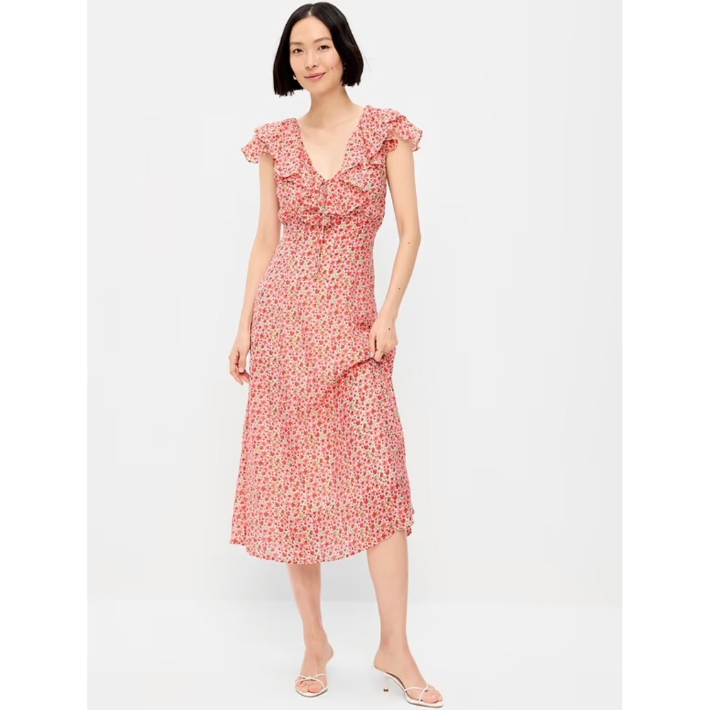 Old Navy Floral Ruffle-Sleeve Fit & Flare Midi Dress Medium Red Pink Cottagecore